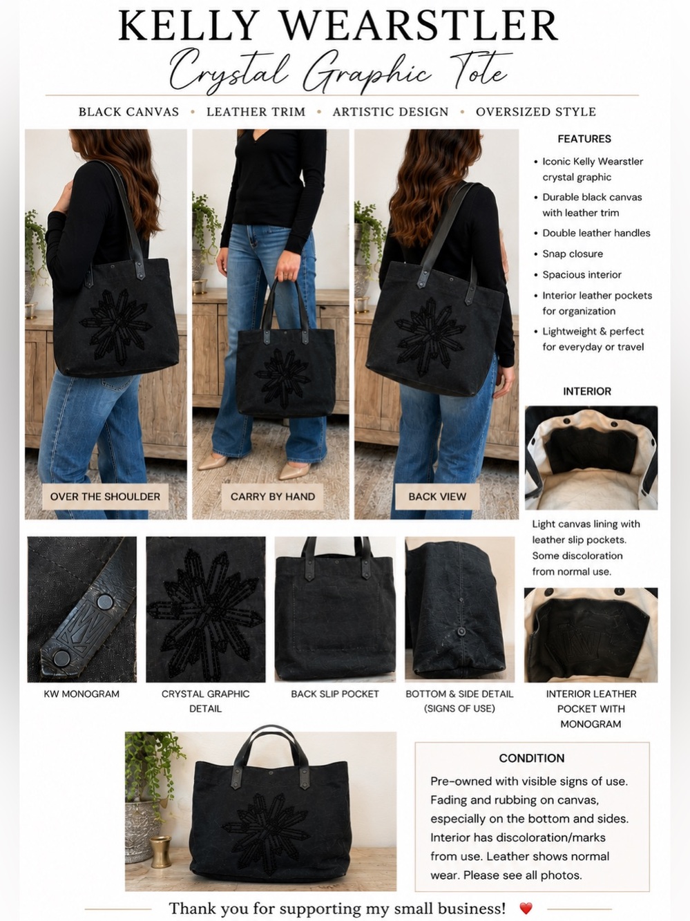 Kelly Wearstler Black Canvas Crystal Graphic Oversized Tote Bag Leather Trim